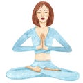 Beautiful young woman meditating. Watercolor hand painted illustration with girl sitting in namaste yoga position Royalty Free Stock Photo