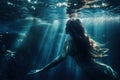 Beautiful young woman with mermaid tail swims and dives under sunny deep water, fantastic fish in water, generative AI.