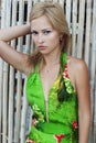 Beautiful young woman in nice green dress posing on white bamboo wall. Fashion photo, nice blonde hair, tan skin Royalty Free Stock Photo
