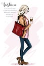 Beautiful young woman with Paper Coffee Cup Mockup. Hand drawn blond hair woman. Fashion model. Sketch.