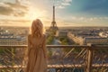 Beautiful young woman in a Parisian balcony with view to the Eiffel tower in Paris, France. AI Generative