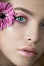 Beautiful young woman with perfect skin, natural make up and flower close to her eye Royalty Free Stock Photo