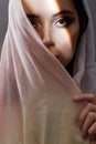 Beautiful young woman in pink hijab. beauty girl in sunlight Royalty Free Stock Photo