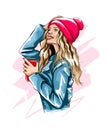 Beautiful young woman with plastic coffee cup in her hand. Stylish girl, colored drawing, realistic Royalty Free Stock Photo