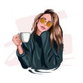 Beautiful young woman with plastic coffee cup in her hand. Stylish girl, colored drawing, realistic Royalty Free Stock Photo