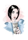 Beautiful young woman with plastic coffee cup in her hand. Stylish girl.  Sketch.Hand drawn vector illustration Royalty Free Stock Photo