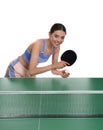 Beautiful young woman playing ping pong on white background Royalty Free Stock Photo