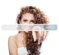 Beautiful young woman pointing to empty address bar in virtual web browser Royalty Free Stock Photo