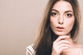 Beautiful young woman portrait cute tender pure smiling touching her chin by fingers attractive nature background Royalty Free Stock Photo