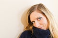 Beautiful young woman portrait in dark blue sweater Royalty Free Stock Photo