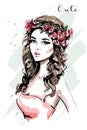 Beautiful young woman portrait. Fashion woman in flower wreath. Cute girl. Sketch. Royalty Free Stock Photo