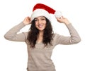 Beautiful young woman portrait in santa helper hat posing on white Royalty Free Stock Photo