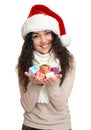 Beautiful young woman portrait in santa helper hat posing on white Royalty Free Stock Photo