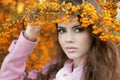 Beautiful young woman portrait, teen girl over autumn yellow par Royalty Free Stock Photo