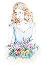 Beautiful young woman portrait. Woman with flowers. Sketch girl. Royalty Free Stock Photo