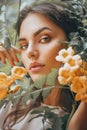 Beautiful young woman posing in Trumpet vine flowers in summer garden. Beauty model girl with Campsis. Enjoying nature outdoor