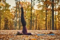 Beautiful young woman practices yoga asana Niralamba Sarvangasana - unsupported shoulderstand pose on the wooden deck in