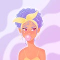 Beautiful young woman with purple curly hair, blowing a bubble gum, headscarf and yellow summer dress. Confident girl Royalty Free Stock Photo