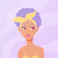 Beautiful young woman with purple curly hair, headscarf and yellow summer dress. Confident girl on purple background. Royalty Free Stock Photo