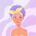 Beautiful young woman with purple curly hair, headscarf and yellow summer dress. Confident girl on purple background.