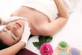 Beautiful young woman receiving facial massage in spa salon Royalty Free Stock Photo