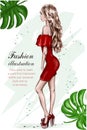 Beautiful young woman in red dress. Hand drawn fashion woman. Stylish girl. Fashion look. Sketch.