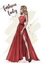 Beautiful young woman in red dress. Hand drawn girl in fashion clothes. Stylish fashion model. Sketch.