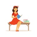 Beautiful young woman in red dress sitting on a bench and reading a book, girl dressed in retro style vector Royalty Free Stock Photo