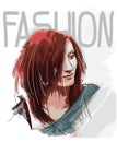 Beautiful young woman with red hair. Fashion sketch. Fashion girls face. Hand-drawn fashion model.