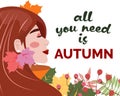 Autumn illustration with a young woman in the fall. All you need is autumn text.