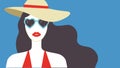 Beautiful young woman with red lips wearing hat and heart shaped sunglasses. Summer fashion poster Royalty Free Stock Photo