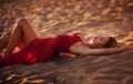 Beautiful young woman in red long dress Royalty Free Stock Photo