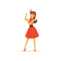 Beautiful young woman in a red polka dot dress, girl dressed in retro style vector Illustration