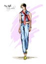 Beautiful young woman with a red scarf, in blue denim pants and vest. Hand drawn fashion girl. Fashion model posing. Sketch Royalty Free Stock Photo