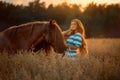 Beautiful young woman with red tinker horse in oats field