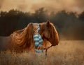 Krásny mladá žena drotár kôň v ľutovať 