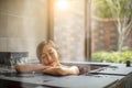 Beautiful Young woman relaxing  in hot spring Royalty Free Stock Photo