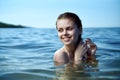 Beautiful young woman is resting on the sea, ocean, beach,let, sun Royalty Free Stock Photo