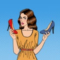 Beautiful Young Woman with Shoes. Girl Choosing Shoes, Pop Art. Vector