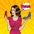 Beautiful Young Woman with Shoes. Girl Choosing Shoes, Pop Art. Vector