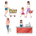 Beautiful young woman with shopping cart full of packages with vegetables and fruits. Happy females cartoon style design. Flat Royalty Free Stock Photo