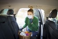 Beautiful young woman is shopping with mouth protecting mask during corona covid crisis and is holding her shopping basket