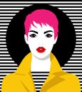 Beautiful young woman with short pink hair wearing yellow coat Royalty Free Stock Photo