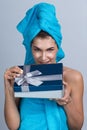 Woman open beauty gift Royalty Free Stock Photo