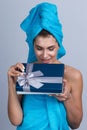 Woman open beauty gift Royalty Free Stock Photo