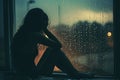 Beautiful young woman sitting alone close to window with rain drops. Sexy and sad girl Royalty Free Stock Photo