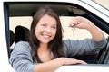Beautiful young woman sitting in a car and showing the key Royalty Free Stock Photo