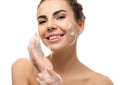 Beautiful young woman with soap foam on white background Royalty Free Stock Photo