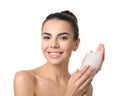 Beautiful young woman with soap foam on white background Royalty Free Stock Photo