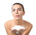 Beautiful young woman with soap foam on white background Royalty Free Stock Photo